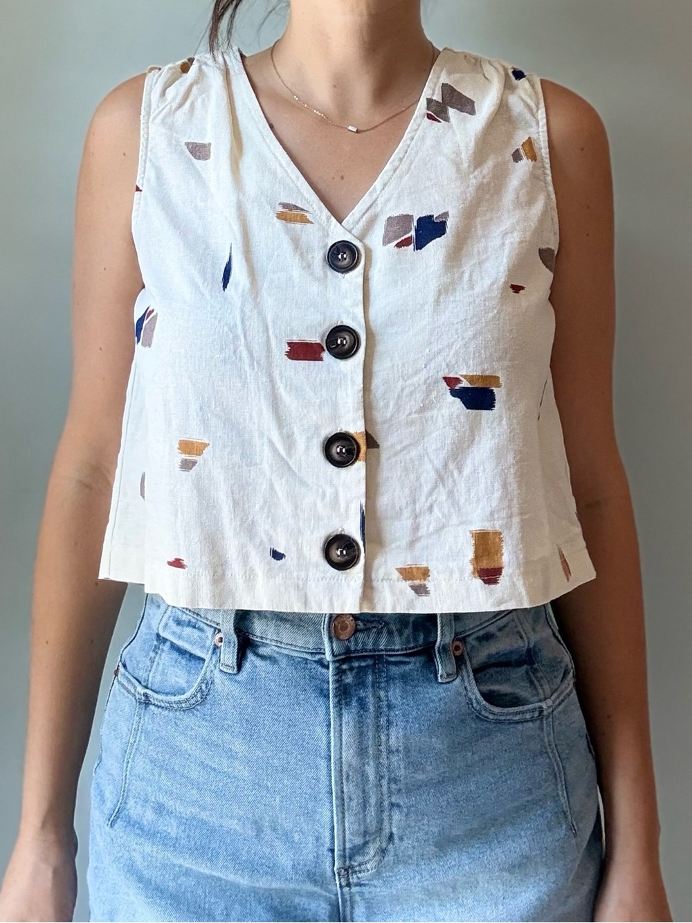 Woven Button-Front Sleeveless Crop Top - Cream with Multi-Color Prints